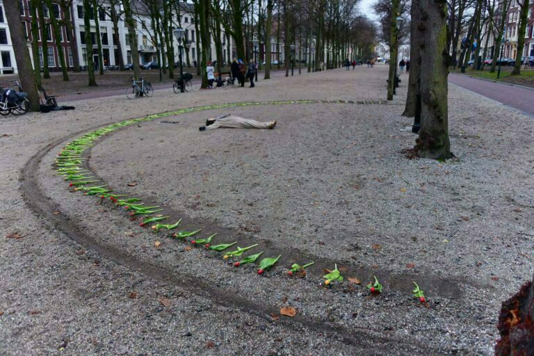 Philemon Mukarno Performance Art War flowers (2018)2h The Embodiment of Time Festival, Het Lange Voorhout, The Hague, Netherlands.