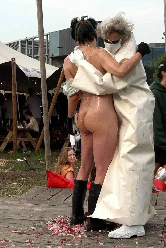 Naked Performance Art for Spiritual Healing by Ingrid Adriaans and Philemon Mukarno in Amsterdam