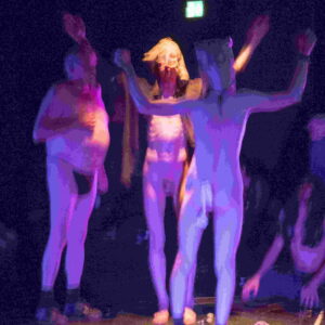 Anatheistic Naked Performance at Worm by Laurens Bijl, Lennart Wiltens, Nishel Barboeram, Lieuwe Zelle and Philemon Mukarno, Rotterdam, Netherlands. A group of naked performers in a dimly lit space, engaging in a theatrical performance characterized by expressive movements and artistic poses, with colorful lighting adding to the atmosphere.