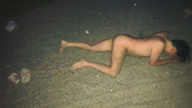 nude man Dragging Stones