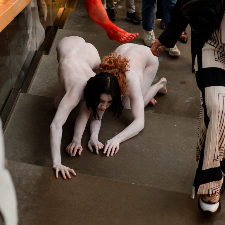 Naked performance art at Kunsthal Rotterdam with Philemon Mukarno, Antti Uimonen, Diana Mare, Lois de Bondt, Mar Esteban Martin, Noemi Calzavara, Ryan O’Shea, and Issy Baylis.
