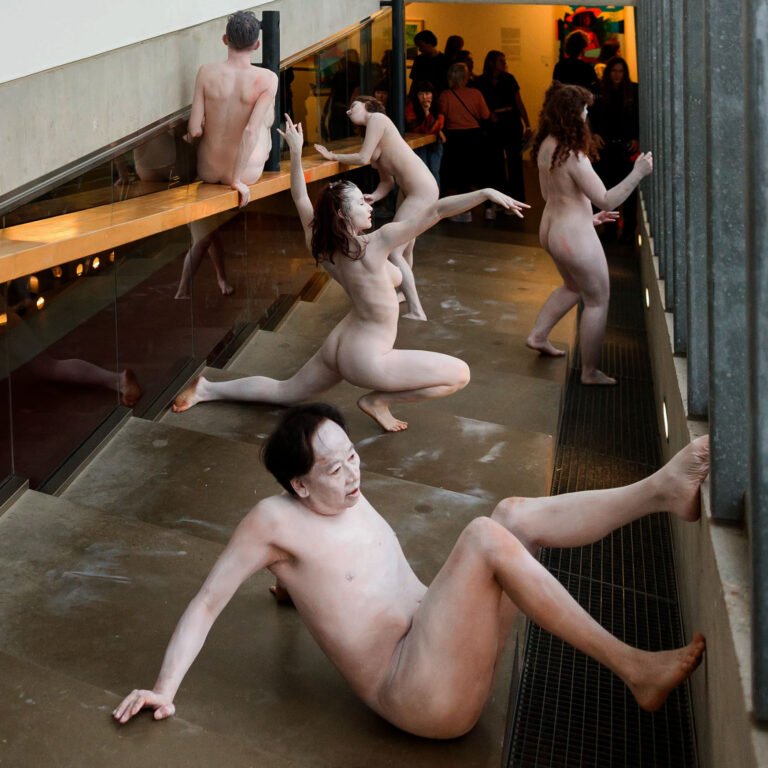 Naked performance art at Kunsthal Rotterdam with Philemon Mukarno, Antti Uimonen, Diana Mare, Lois de Bondt, Mar Esteban Martin, Noemi Calzavara, Ryan O’Shea, and Issy Baylis.