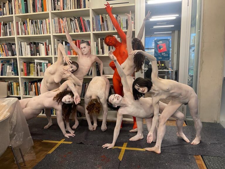 ' naked performance art at Kunsthal Rotterdam with Philemon Mukarno, Antti Uimonen, Diana Mare, Lois de Bondt, Mar Esteban Martin, Noemi Calzavara, Ryan O’Shea, and Issy Baylis.