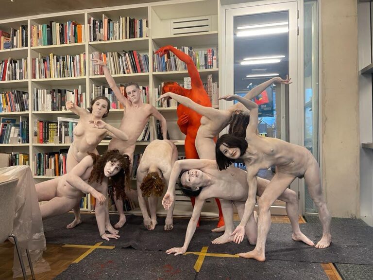 'naked performance art at Kunsthal Rotterdam with Philemon Mukarno, Antti Uimonen, Diana Mare, Lois de Bondt, Mar Esteban Martin, Noemi Calzavara, Ryan O’Shea, and Issy Baylis.