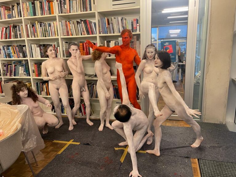 Friction naked performance at Kunsthal Rotterdam with Philemon Mukarno, Antti Uimonen, Diana Mare, Lois de Bondt, Mar Esteban Martin, Noemi Calzavara, Ryan O’Shea, and Issy Baylis.