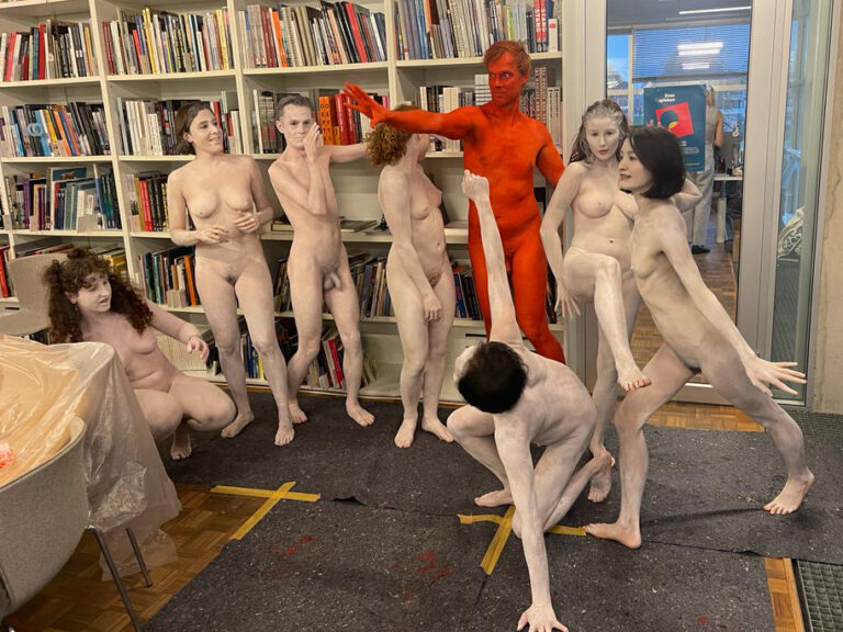 Friction naked performance at Kunsthal Rotterdam with Philemon Mukarno, Antti Uimonen, Diana Mare, Lois de Bondt, Mar Esteban Martin, Noemi Calzavara, Ryan O’Shea, and Issy Baylis.