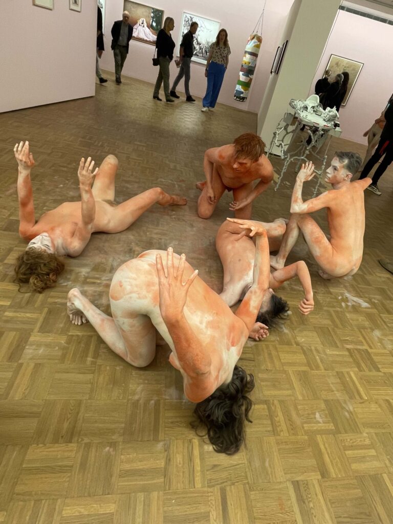 Naked performance art at Kunsthal Rotterdam with Philemon Mukarno, Antti Uimonen, Diana Mare, Lois de Bondt, Mar Esteban Martin, Noemi Calzavara, Ryan O’Shea, and Issy Baylis.