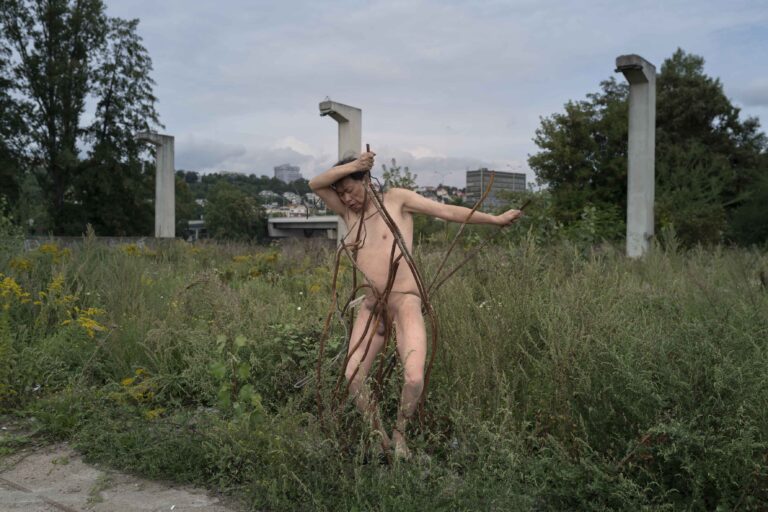 Een naakte persoon staat in een veld vol hoog gras en wilde bloemen, omgeven door betonnen structuren op de achtergrond. De persoon houdt takken vast en heeft een expressieve houding.