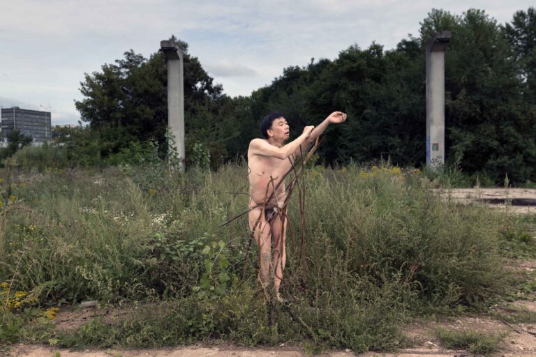 Een man staat naakt in een veld vol hoog gras en wilde bloemen, met zijn armen in de lucht terwijl hij omringd is door een wirwar van takken. Op de achtergrond zijn enkele betonnen pilaren en bomen te zien onder een bewolkte lucht.